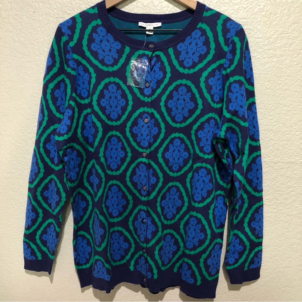Isaac Mizrahi Live Blue and Green Medallion Cardigan 1X
